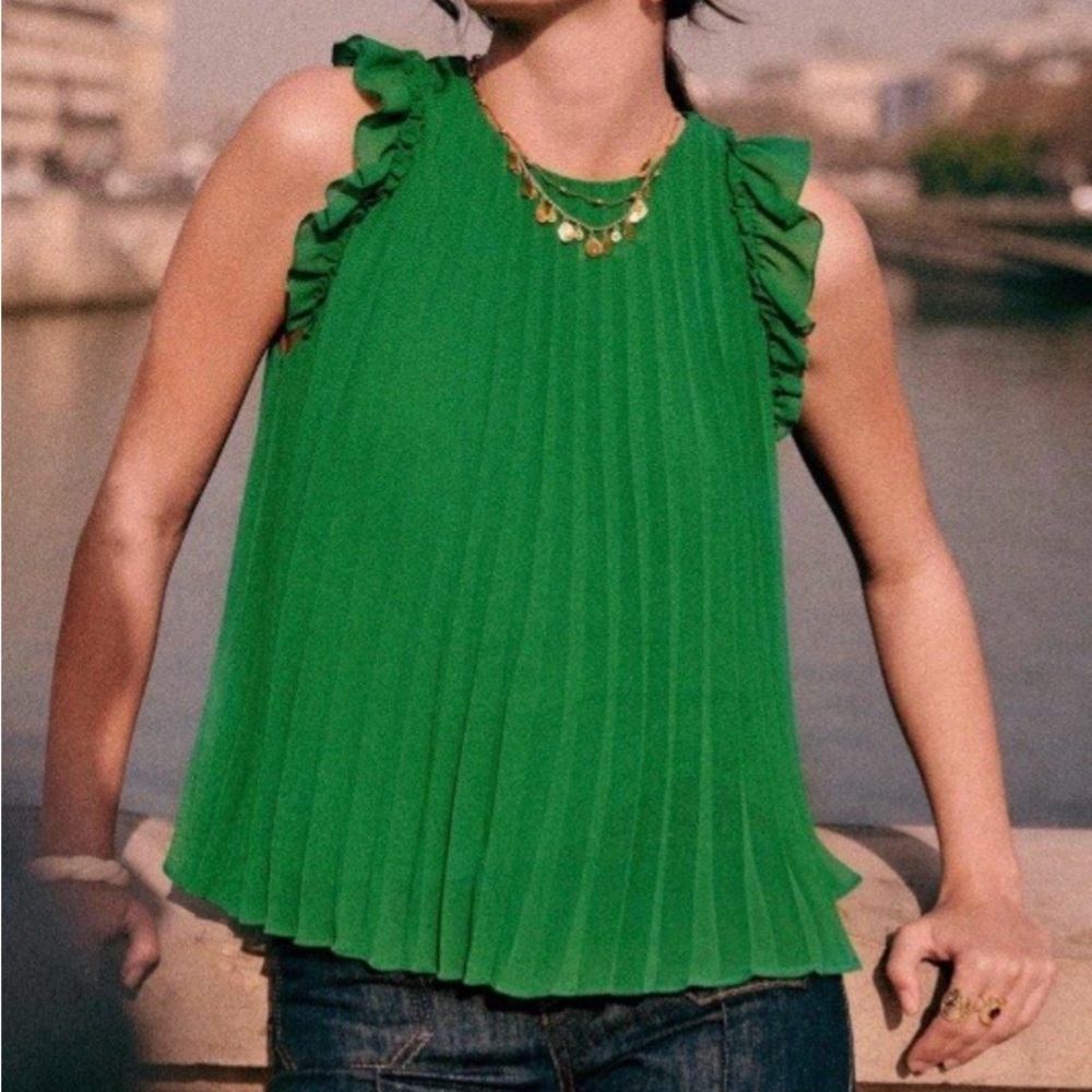 Sézane Bandol Women’s Blouse Sleeveless Pleated GreenSize 38 (Us 6)
